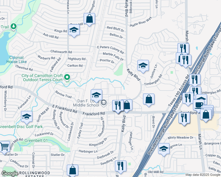 map of restaurants, bars, coffee shops, grocery stores, and more near 18211 Kelly Boulevard in Dallas
