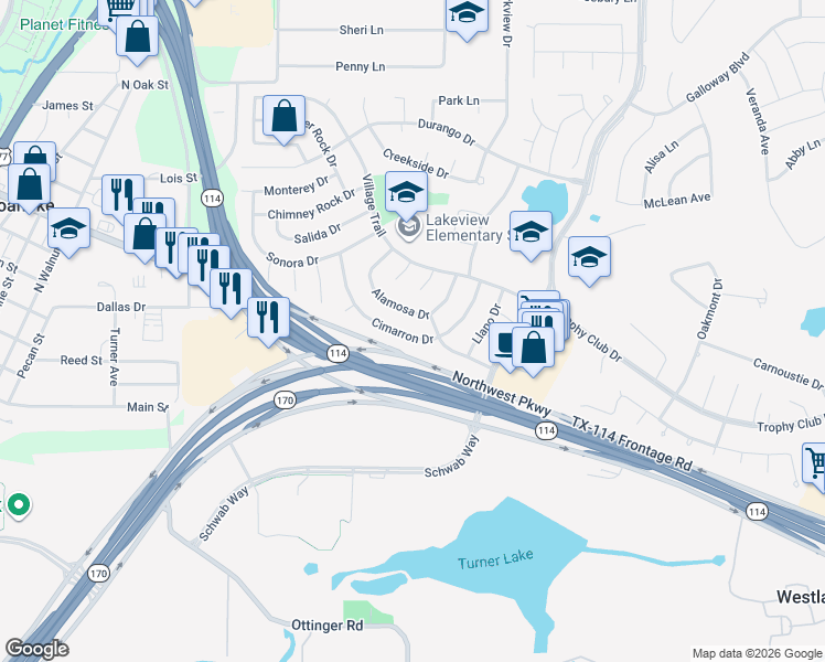 map of restaurants, bars, coffee shops, grocery stores, and more near 28 Cimarron Drive in Trophy Club