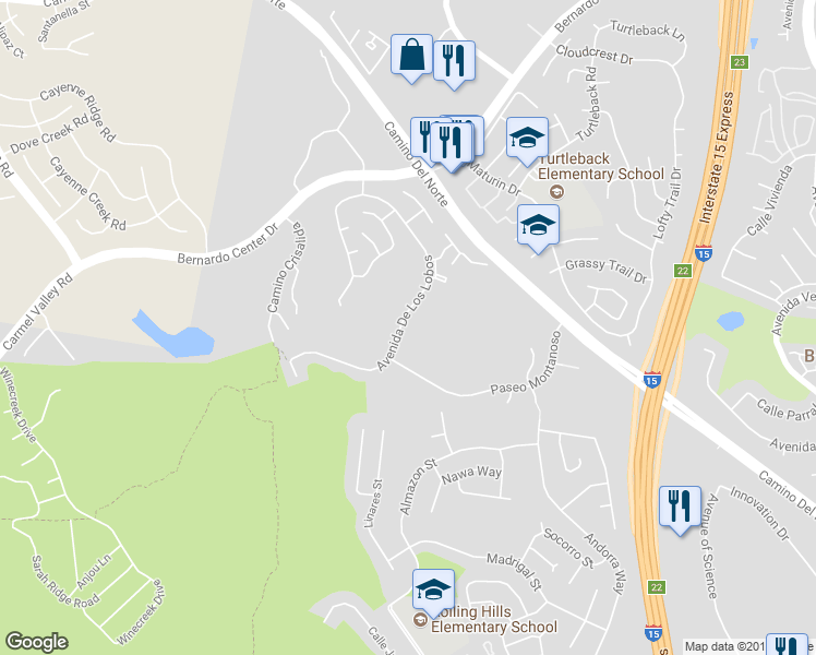 map of restaurants, bars, coffee shops, grocery stores, and more near 11129 Avenida De Los Lobos in San Diego