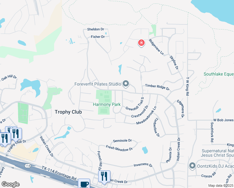 map of restaurants, bars, coffee shops, grocery stores, and more near 40 West Hillside Place in Trophy Club