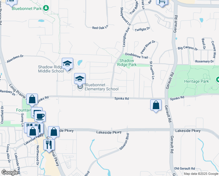 map of restaurants, bars, coffee shops, grocery stores, and more near 1801 Sumac Drive in Flower Mound
