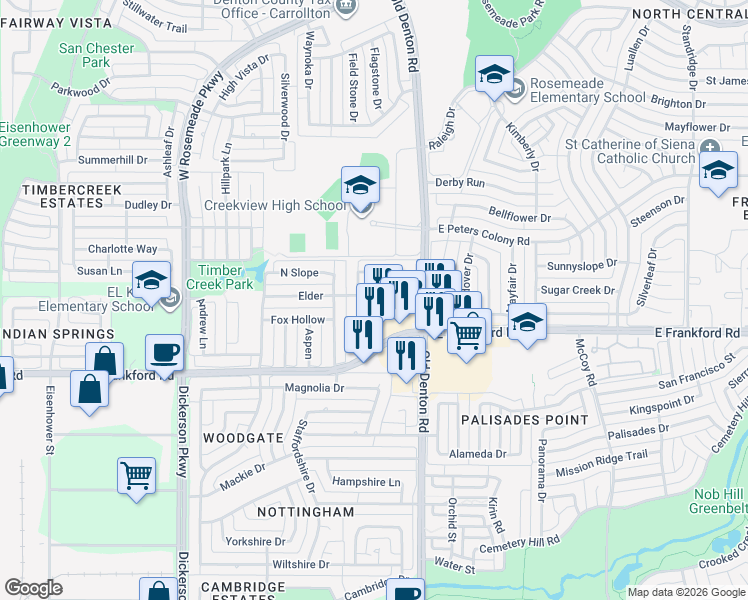 map of restaurants, bars, coffee shops, grocery stores, and more near 1023 Ridgeview Circle in Carrollton