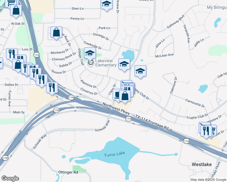 map of restaurants, bars, coffee shops, grocery stores, and more near 1 Round Rock Court in Trophy Club