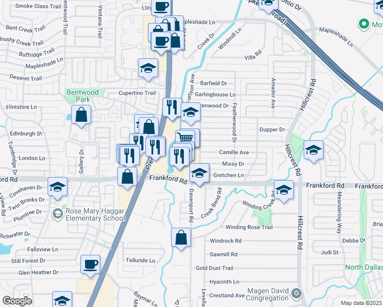 map of restaurants, bars, coffee shops, grocery stores, and more near 18216 Preston Road in Dallas