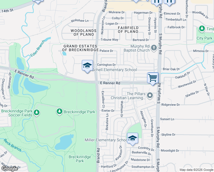 map of restaurants, bars, coffee shops, grocery stores, and more near 5407 Miller Lane in Richardson