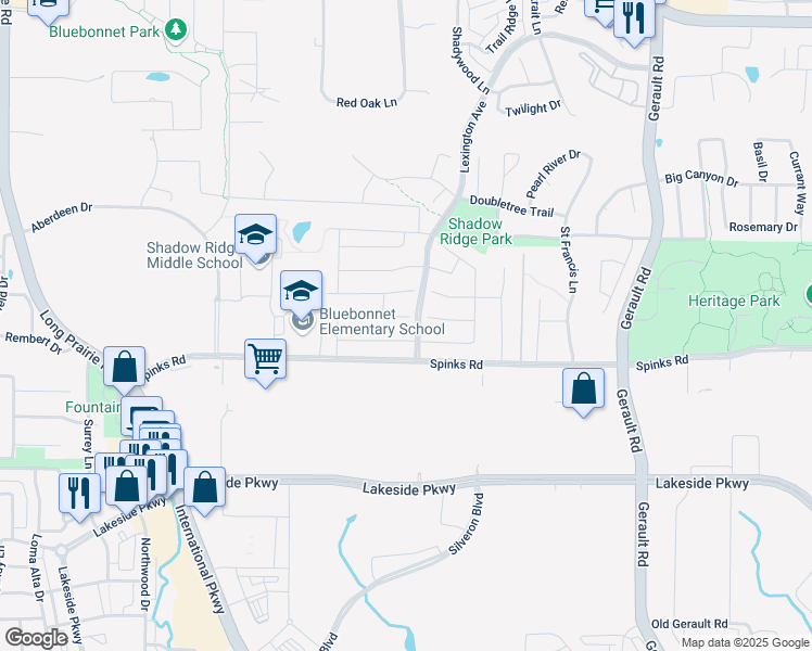 map of restaurants, bars, coffee shops, grocery stores, and more near 1801 Sumac Drive in Flower Mound