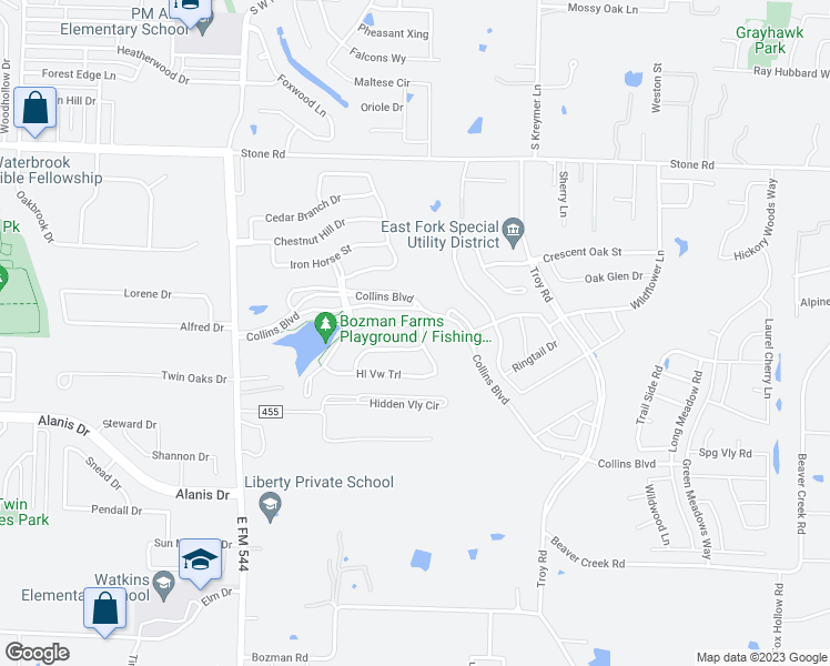 map of restaurants, bars, coffee shops, grocery stores, and more near 1332 Lake Trail Court in Wylie