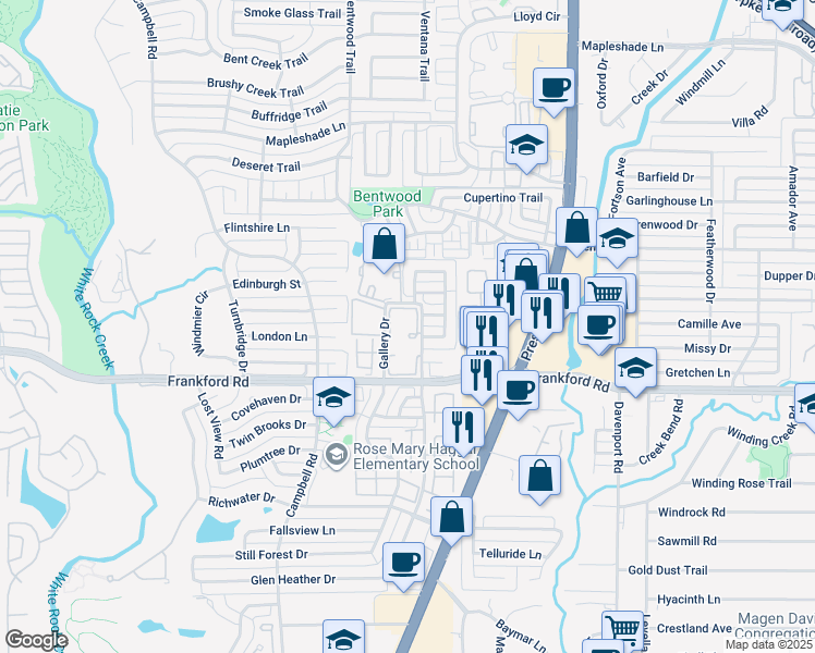 map of restaurants, bars, coffee shops, grocery stores, and more near 18331 Roehampton Drive in Dallas