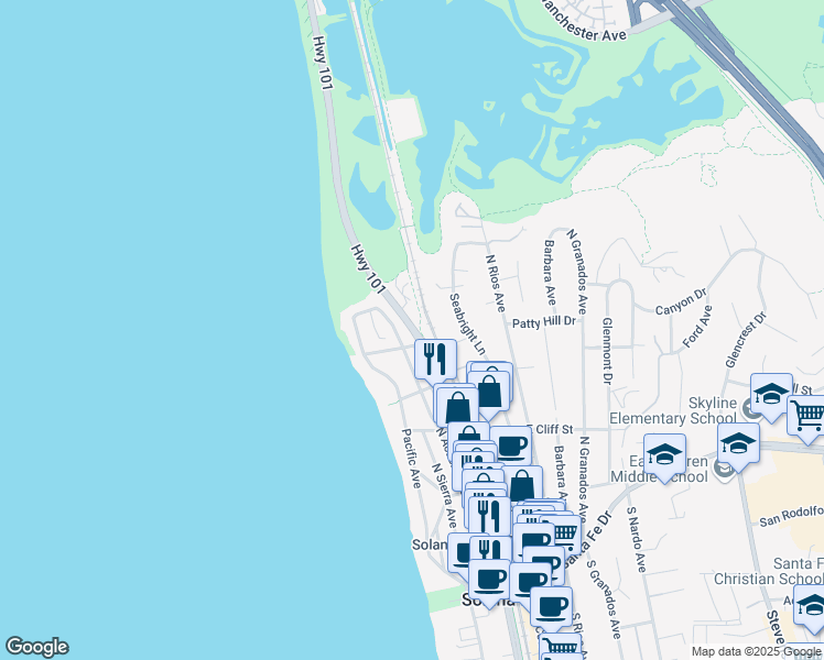 map of restaurants, bars, coffee shops, grocery stores, and more near North Coast Highway in Encinitas