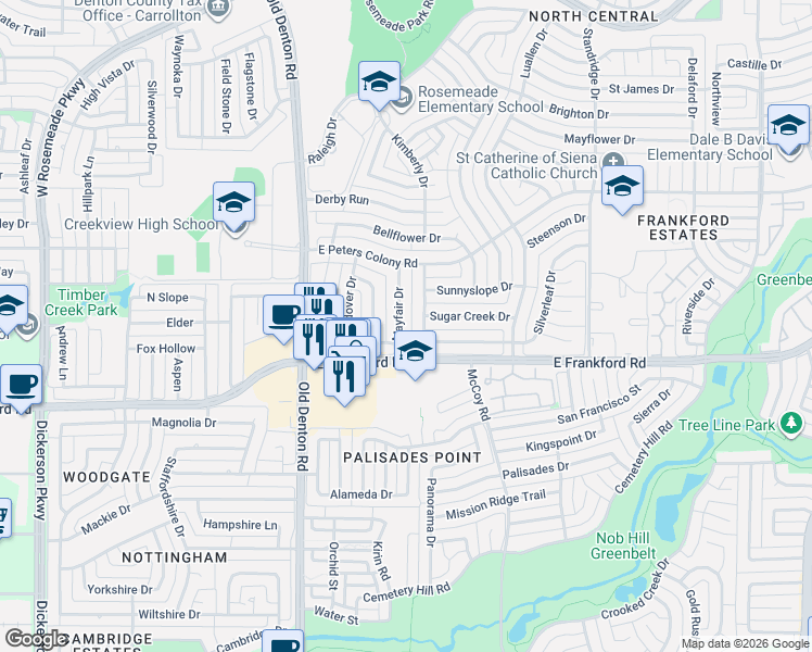 map of restaurants, bars, coffee shops, grocery stores, and more near 3116 Mayfair Drive in Carrollton