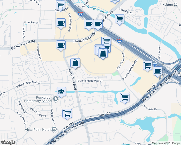 map of restaurants, bars, coffee shops, grocery stores, and more near 1291 Vista Ridge Mall in Lewisville