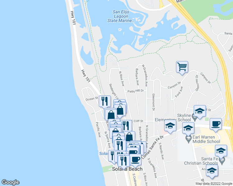 map of restaurants, bars, coffee shops, grocery stores, and more near 630 Seabright Lane in Solana Beach