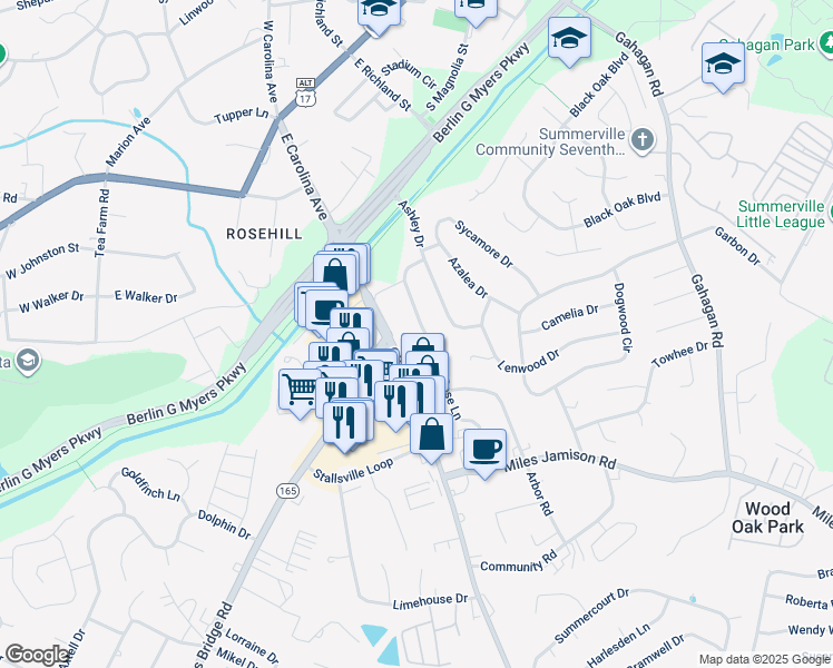 map of restaurants, bars, coffee shops, grocery stores, and more near 310 Rose Lane in Summerville