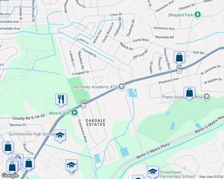 map of restaurants, bars, coffee shops, grocery stores, and more near 618 Boonehill Road in Summerville