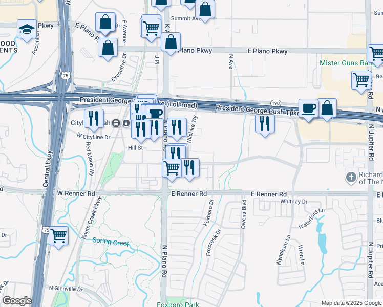 map of restaurants, bars, coffee shops, grocery stores, and more near 3520 Wilshire Way in Richardson