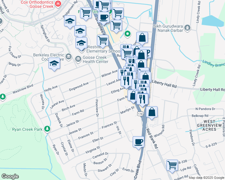 map of restaurants, bars, coffee shops, grocery stores, and more near 110 Etling Avenue in Goose Creek