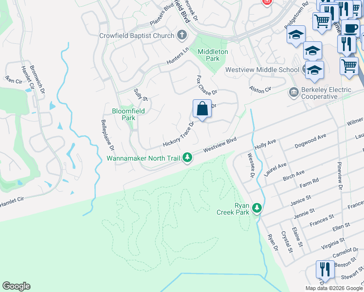 map of restaurants, bars, coffee shops, grocery stores, and more near 103 Canter Court in Goose Creek