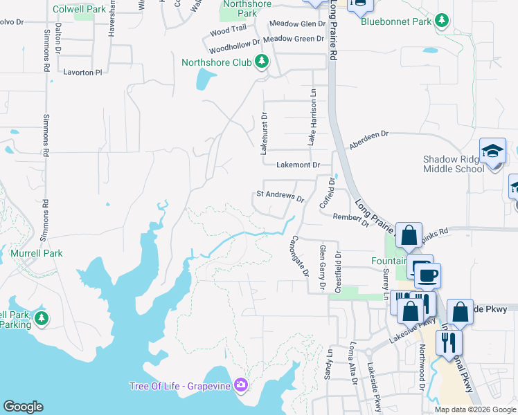 map of restaurants, bars, coffee shops, grocery stores, and more near 2904 Queen Mary Drive in Flower Mound