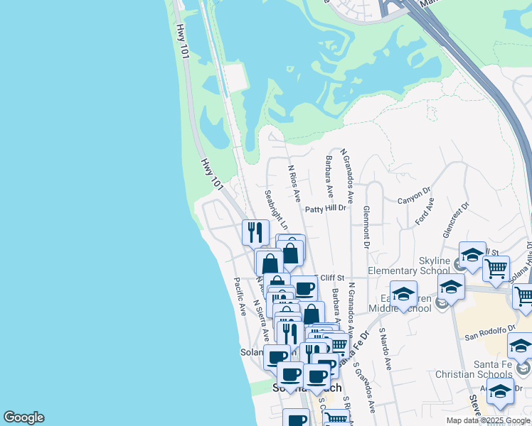 map of restaurants, bars, coffee shops, grocery stores, and more near 649 Seabright Lane in Solana Beach