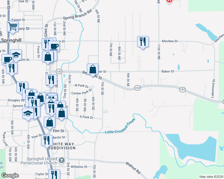 map of restaurants, bars, coffee shops, grocery stores, and more near 307 7th Street Southeast in Springhill