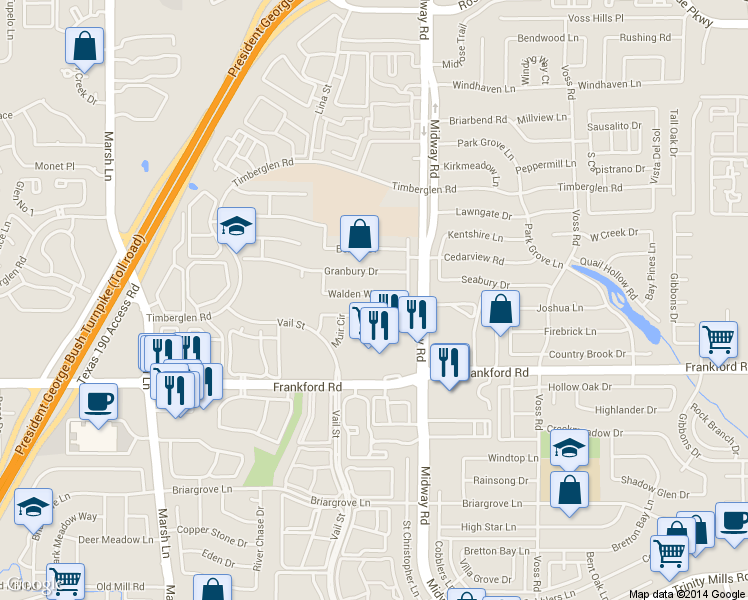 map of restaurants, bars, coffee shops, grocery stores, and more near 3912 Walden Way in Dallas