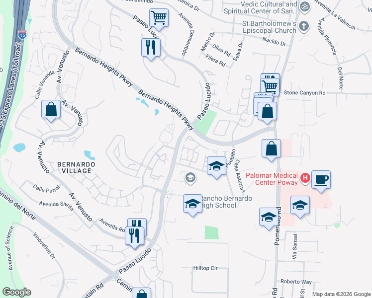 map of restaurants, bars, coffee shops, grocery stores, and more near 15662 Via Calanova in San Diego