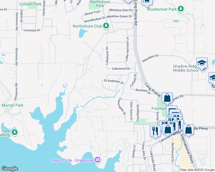 map of restaurants, bars, coffee shops, grocery stores, and more near 2904 Queen Mary Drive in Flower Mound