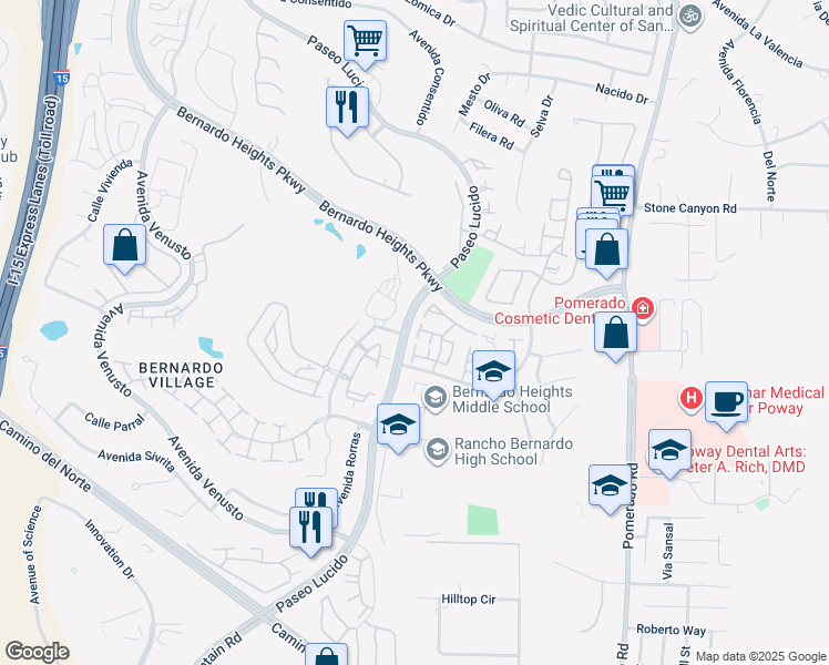 map of restaurants, bars, coffee shops, grocery stores, and more near 12242 Paseo Lucido in San Diego