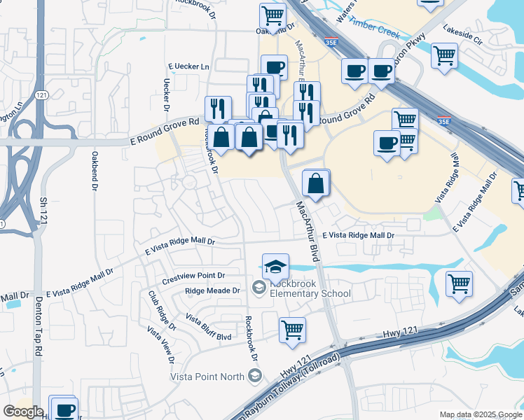 map of restaurants, bars, coffee shops, grocery stores, and more near 2621 Jacobson Drive in Lewisville