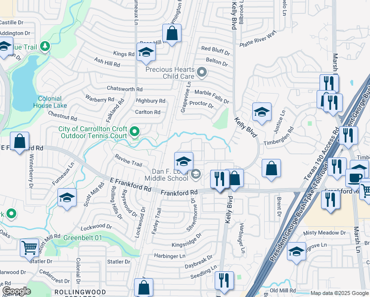 map of restaurants, bars, coffee shops, grocery stores, and more near 18605 Appleridge Drive in Dallas
