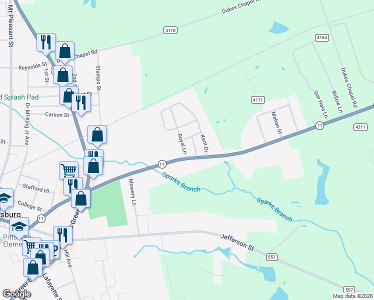 map of restaurants, bars, coffee shops, grocery stores, and more near 103 Royal Lane in Pittsburg
