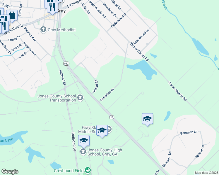 map of restaurants, bars, coffee shops, grocery stores, and more near 130 Cedarline Drive in Gray