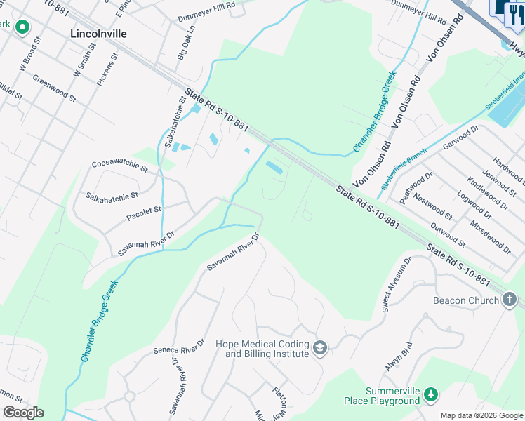 map of restaurants, bars, coffee shops, grocery stores, and more near 406 Savannah River Drive in Summerville