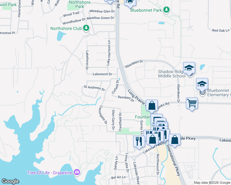 map of restaurants, bars, coffee shops, grocery stores, and more near 1108 Cofield Drive in Flower Mound