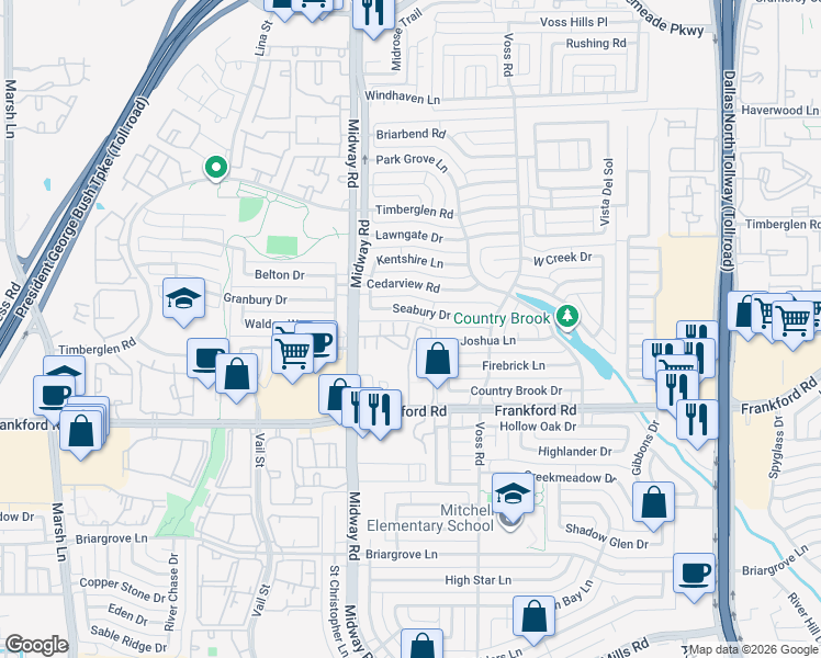map of restaurants, bars, coffee shops, grocery stores, and more near 4055 Frankford Road in Dallas