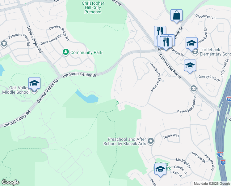 map of restaurants, bars, coffee shops, grocery stores, and more near 10765 Crisalida Court in San Diego