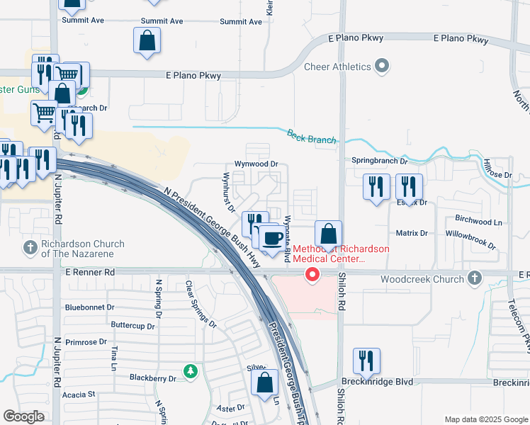 map of restaurants, bars, coffee shops, grocery stores, and more near 5 Wynhurst Drive in Plano