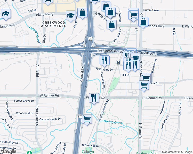 map of restaurants, bars, coffee shops, grocery stores, and more near 3678-3696 N Central Expy in Richardson