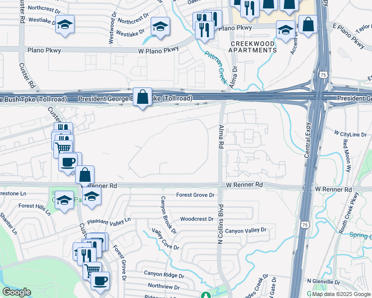 map of restaurants, bars, coffee shops, grocery stores, and more near 300 West Renner Road in Richardson