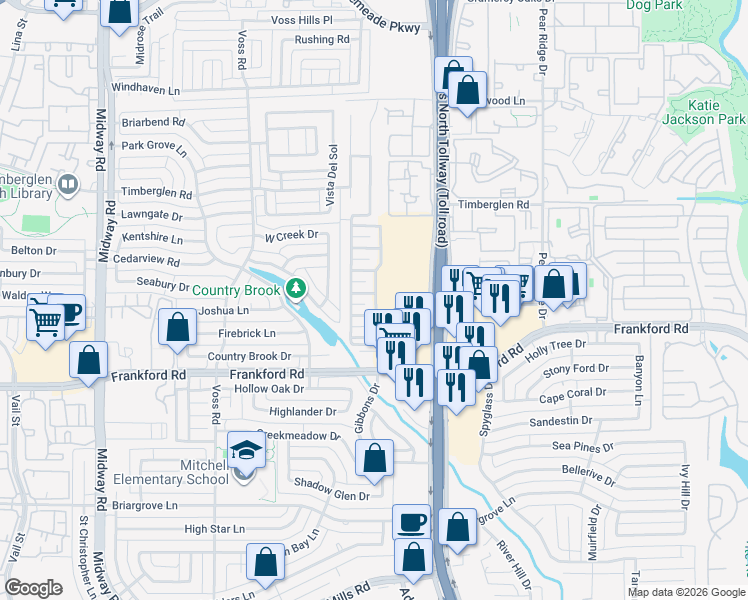 map of restaurants, bars, coffee shops, grocery stores, and more near 4407 Andora Court in Dallas