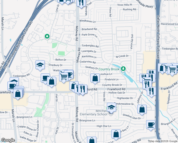 map of restaurants, bars, coffee shops, grocery stores, and more near 4055 Frankford Road in Dallas