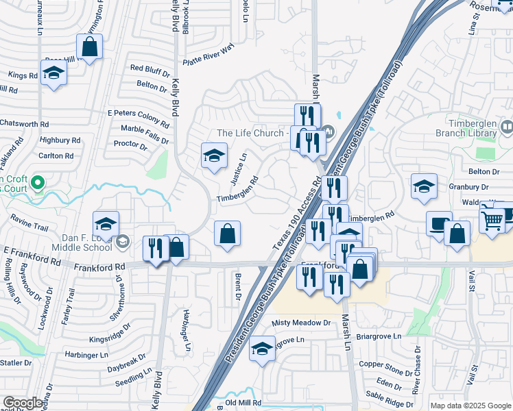 map of restaurants, bars, coffee shops, grocery stores, and more near 3440 Timberglen Road in Dallas