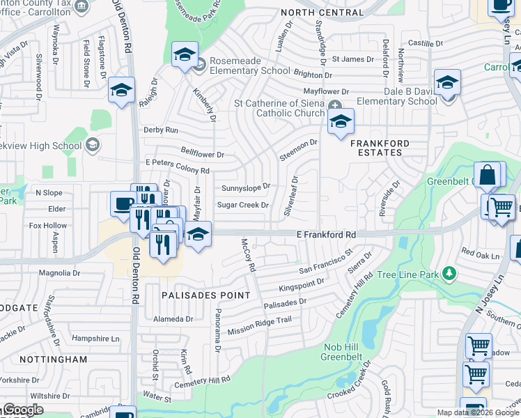 map of restaurants, bars, coffee shops, grocery stores, and more near 1528 Sugar Creek Drive in Carrollton