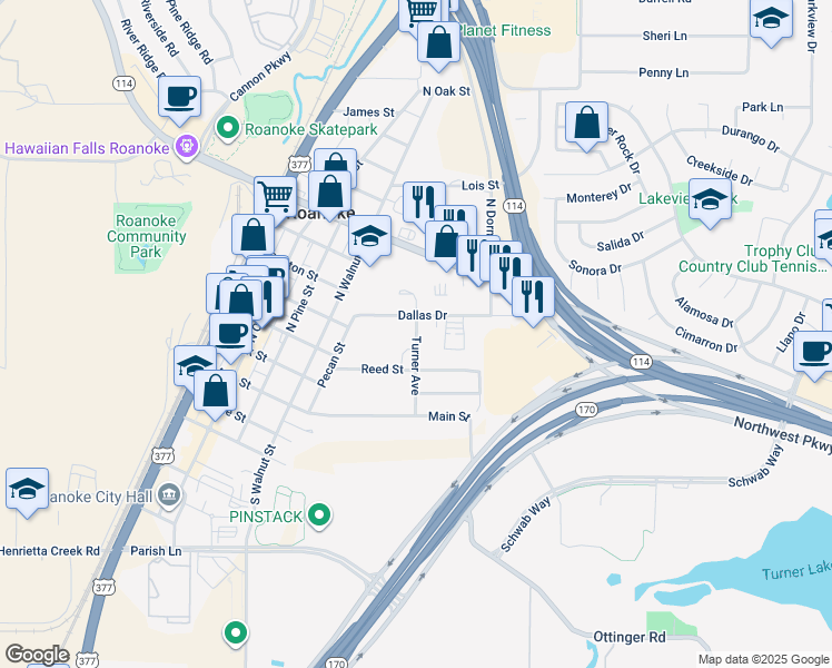 map of restaurants, bars, coffee shops, grocery stores, and more near 255 Turner Avenue in Roanoke