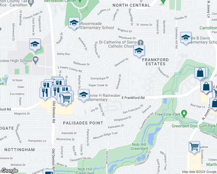 map of restaurants, bars, coffee shops, grocery stores, and more near 1528 Sugar Creek Drive in Carrollton