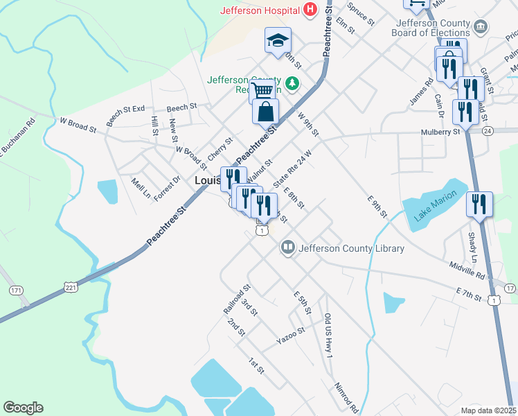 map of restaurants, bars, coffee shops, grocery stores, and more near 606 State Route 24 West in Louisville