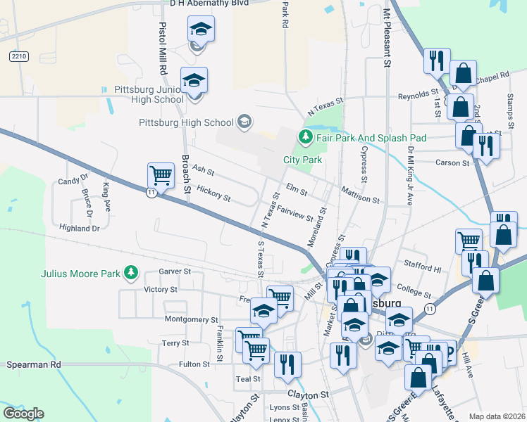 map of restaurants, bars, coffee shops, grocery stores, and more near 219 North Texas Street in Pittsburg