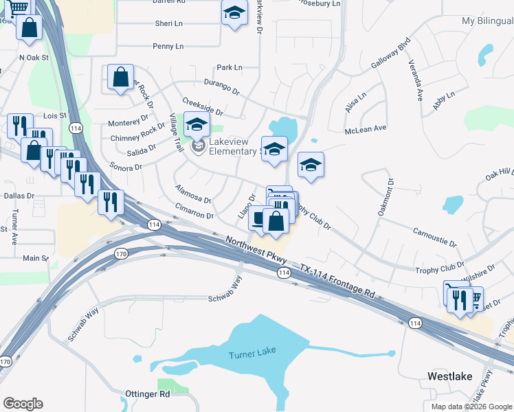 map of restaurants, bars, coffee shops, grocery stores, and more near 1 Round Rock Court in Trophy Club