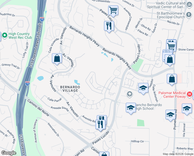 map of restaurants, bars, coffee shops, grocery stores, and more near 12142 Royal Birkdale Row in San Diego