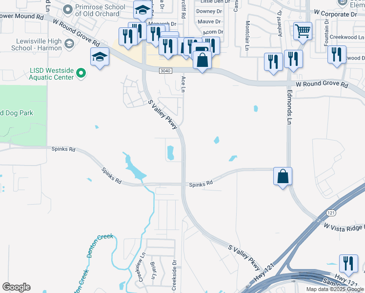 map of restaurants, bars, coffee shops, grocery stores, and more near 2601 South Valley Parkway in Lewisville